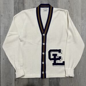 VTG 70s Bristol Products Varsity Knit Sweater White/Purple Letterman Cardigan L